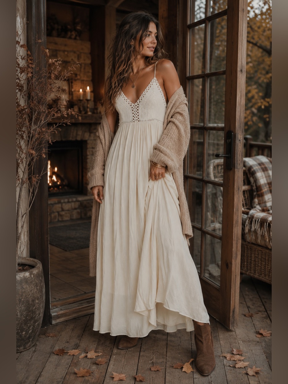 Ivory Crochet Bodice Maxi Dress Size Small Boho Fall Wedding Vacation